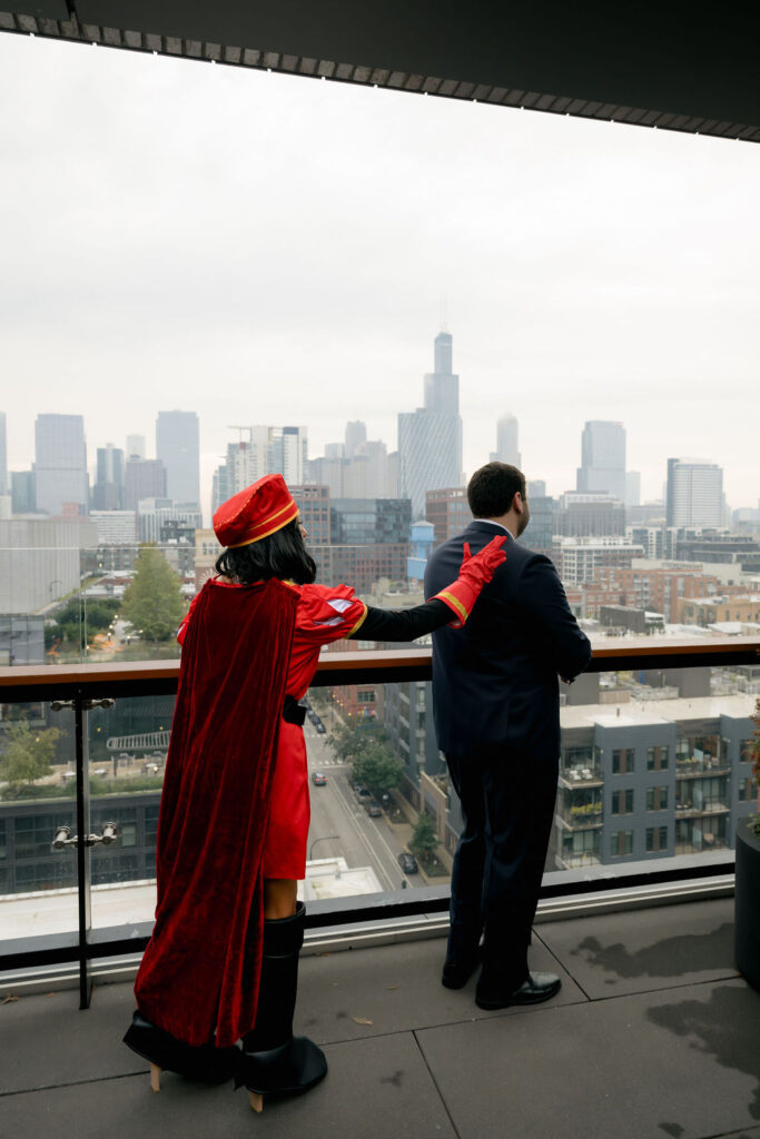 Groom turns to see his bride for the first time during their first look in West Loop, Chicago