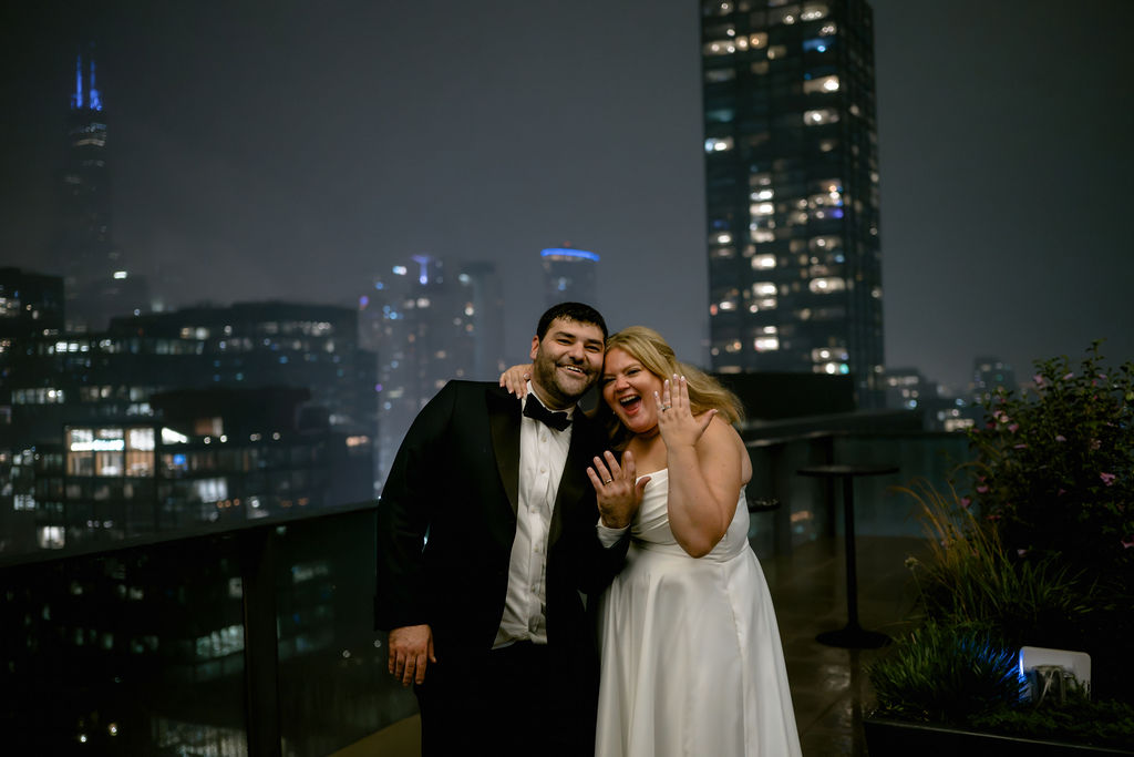 Evening portrait of the newlyweds outside Fioretta in Chicago's West Loop