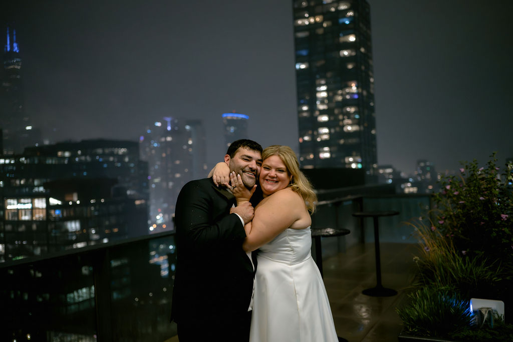 Evening portrait of the newlyweds outside Fioretta in Chicago's West Loop