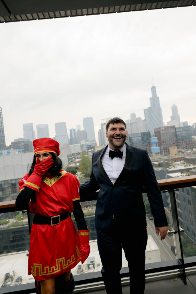 Groom turns to see his bride for the first time during their first look in West Loop, Chicago